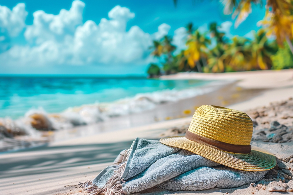 Klobouk a ručník na pláži