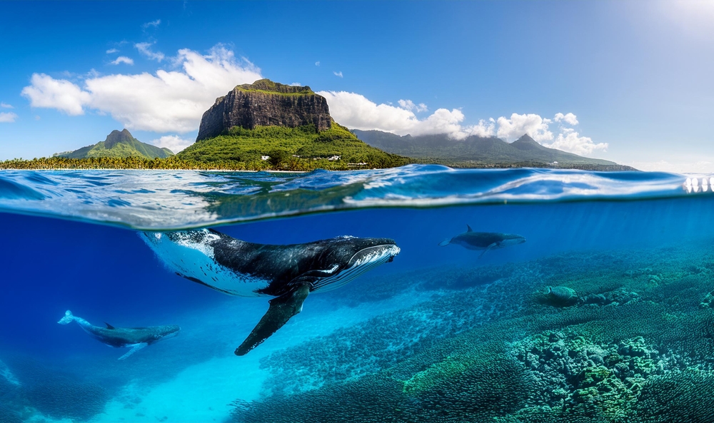 Mauricius s velrybou pod hladinou