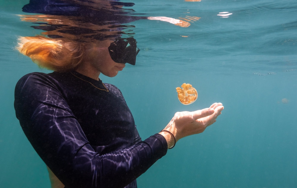 Potapěčka drží medúzu