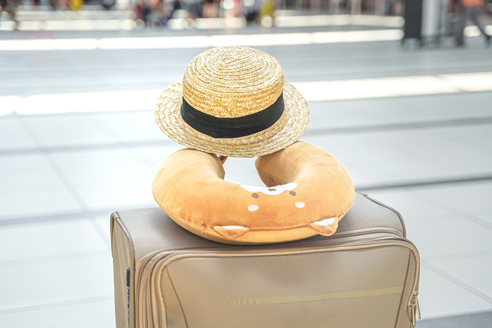 Kufr s cestovním polštářkem a kloboukem