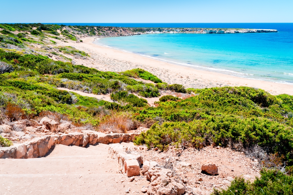 TOP 10 nejkrásnějších pláží na Kypru 7 Nejkrásnější pláž na Kypru Lara pláž s bílým pískem a tyrkysovým mořem, poloostrov Akamas, nedaleko Paphos, Kypr.